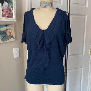 GAP Teal Silk ruffle front Stretch knit V-neck Blouse Tunic Shirt *SMALL*